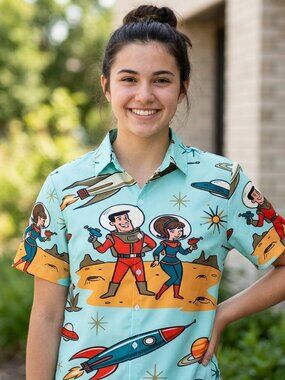 Retro Space Couple Cartoon Print Button up Shirt Unisex